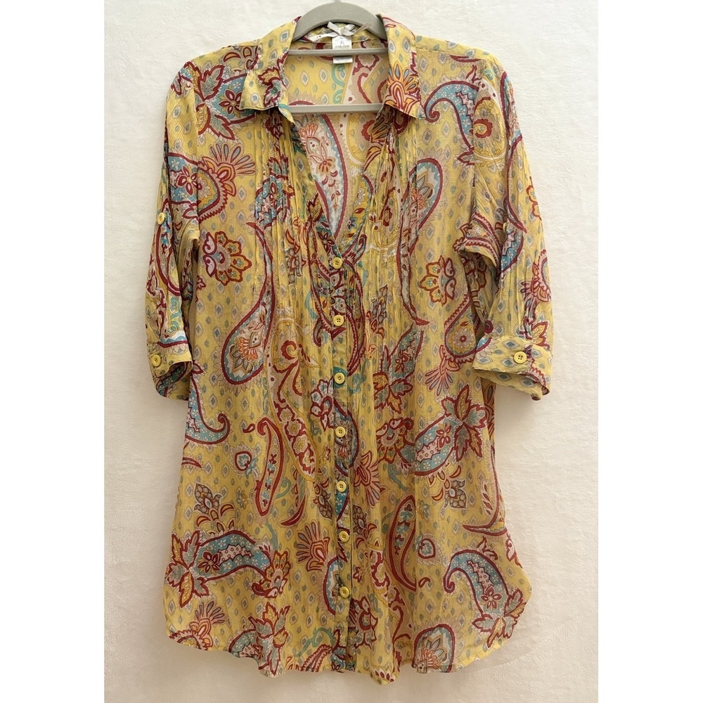 J Love 3 Sixteen Sheer Paisley XL Tunic Roll Tab Sleeve Boho Fairy Coastal